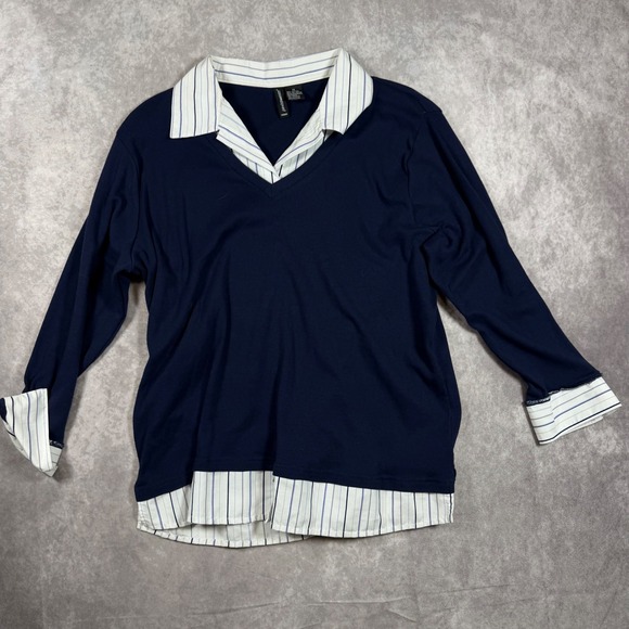 jason maxwell Tops - Jason Maxwell Womens Navy Blue Layered Look V-Neck Top Striped Collar 1X Preppy